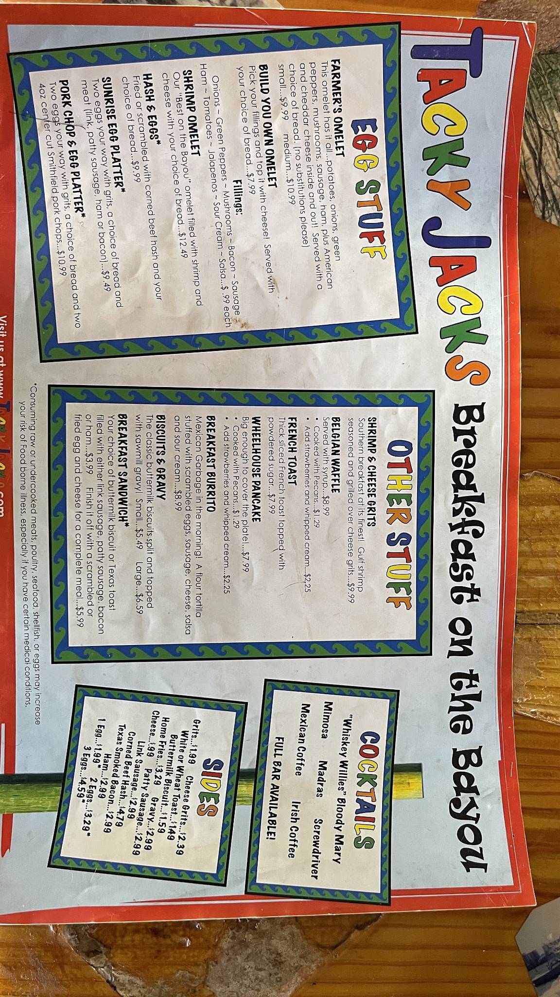 Menu at Tacky Jacks Orange Beach pub & bar, Orange Beach, Safe Harbor Dr