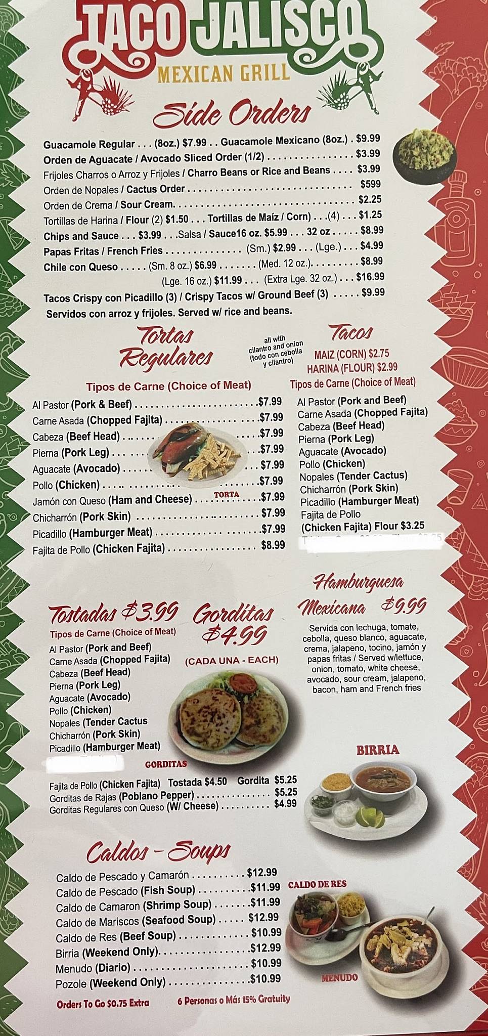 Menu at Taco Jalisco restaurant, Jones Creek