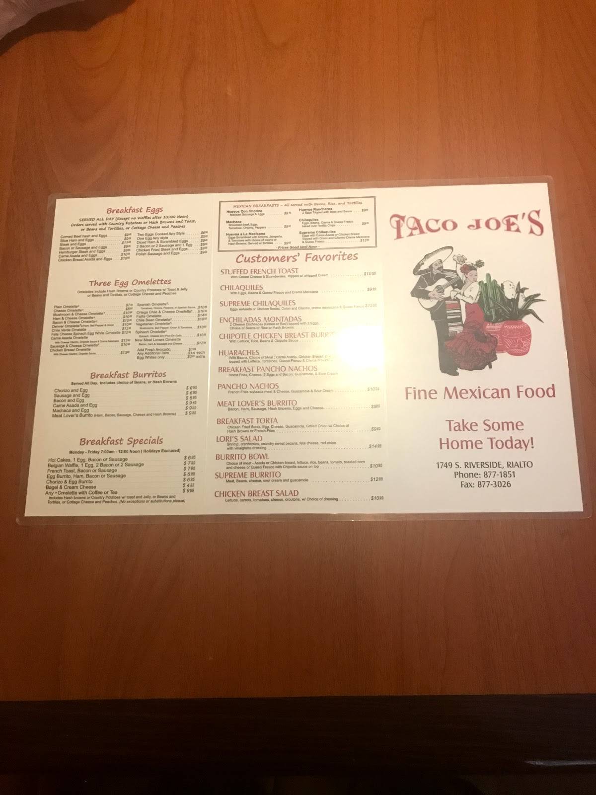 Menu at Taco Joe's Mexican Restaurant, Rialto