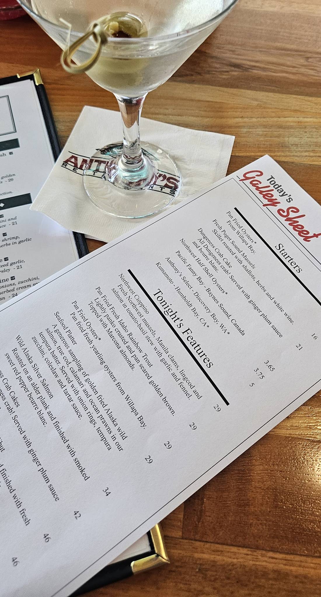 Menu at Anthony's At Point Defiance restaurant, Tacoma