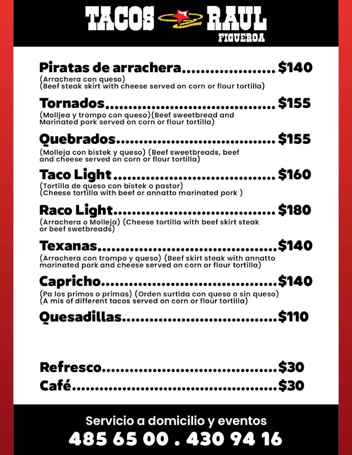 Carta del restaurante Tacos Raul Sur, Saltillo, Blvd. Emilio Arizpe del ...