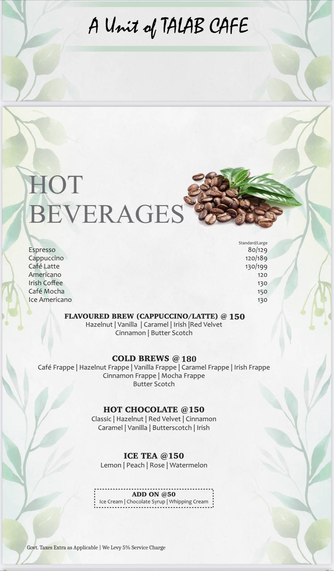 Talab Cafe, Restaurant & Bar menu