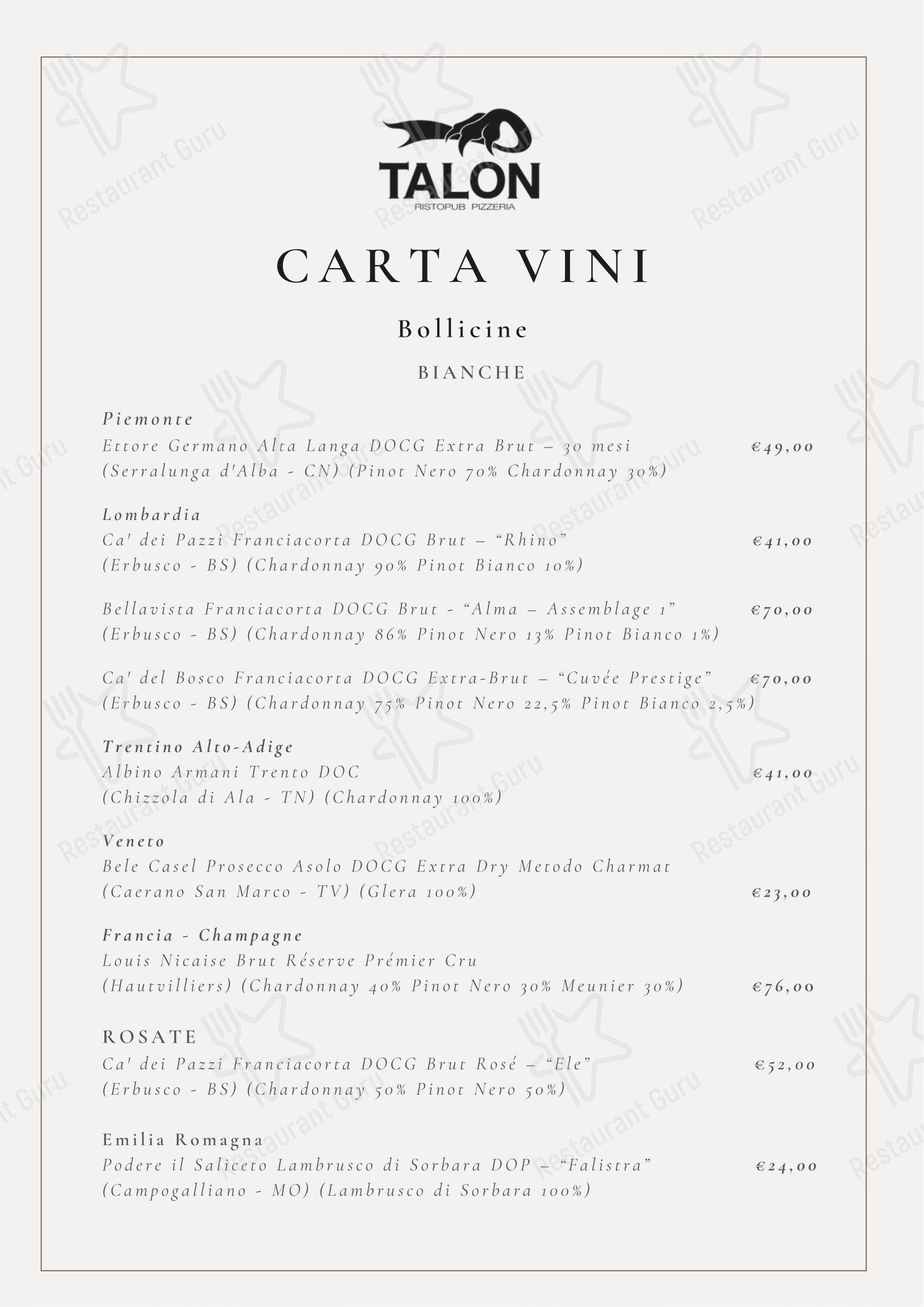 Talon Ristopub Pizzeria in Pollein - Menu bar