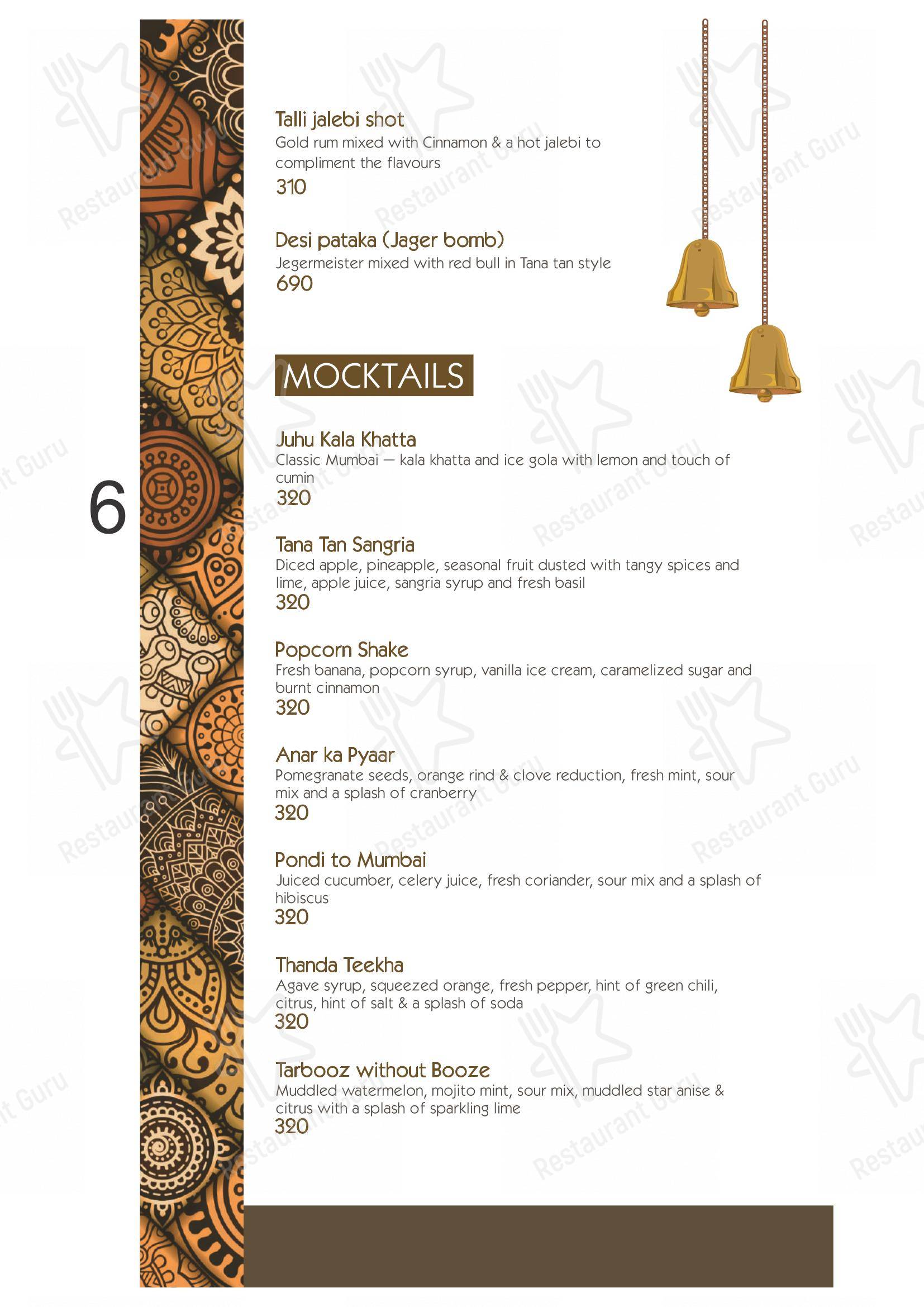 菜单 for the Tanatan Juhu - Kitchen & Bar restaurant