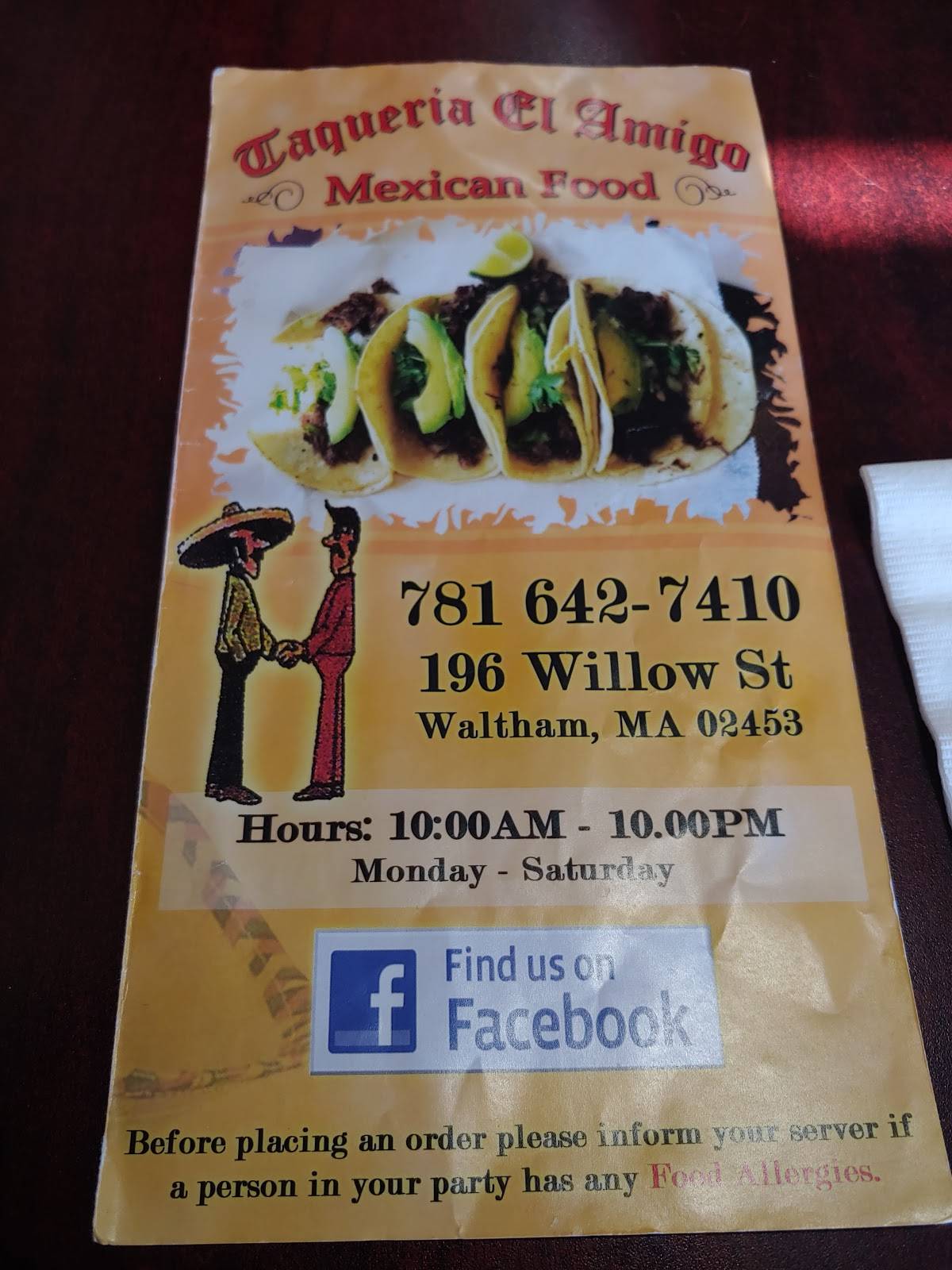 Menu at Taqueria El Amigo restaurant, Waltham