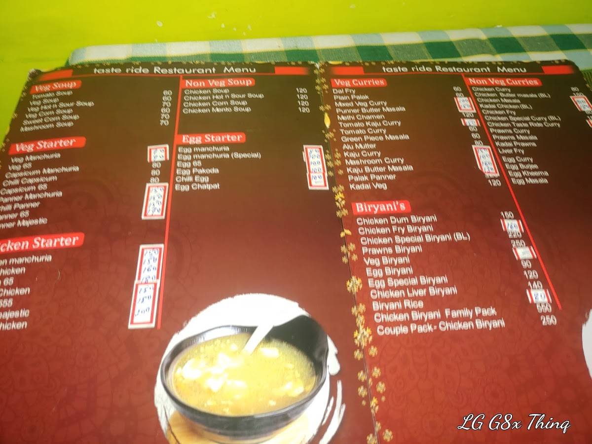 Taste Ride foods menu