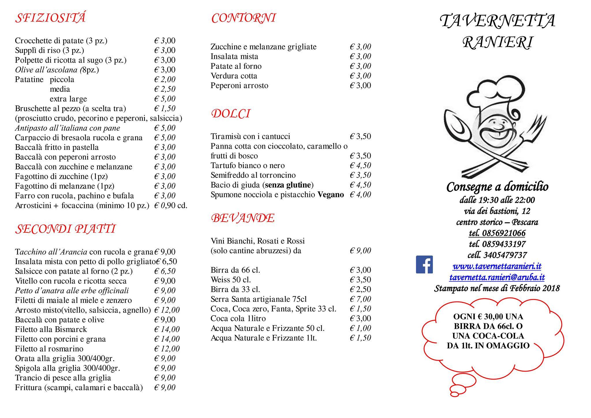 Menu di Tavernetta Ranieri 
