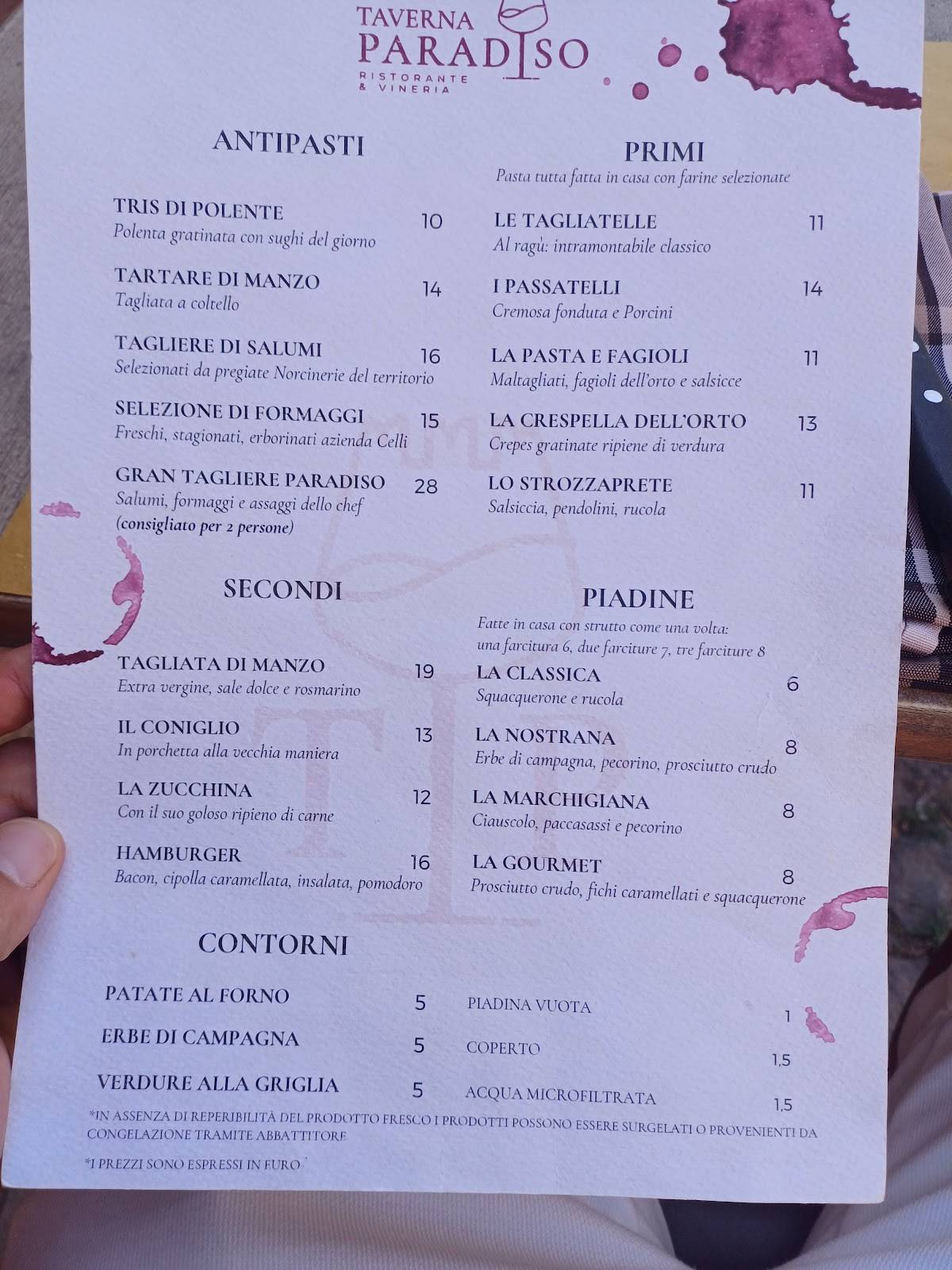 Menu di Taverna Paradiso 