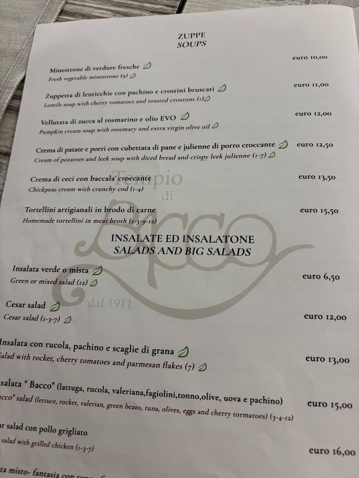 Menu di Tempio di Bacco Storico Ristorante 