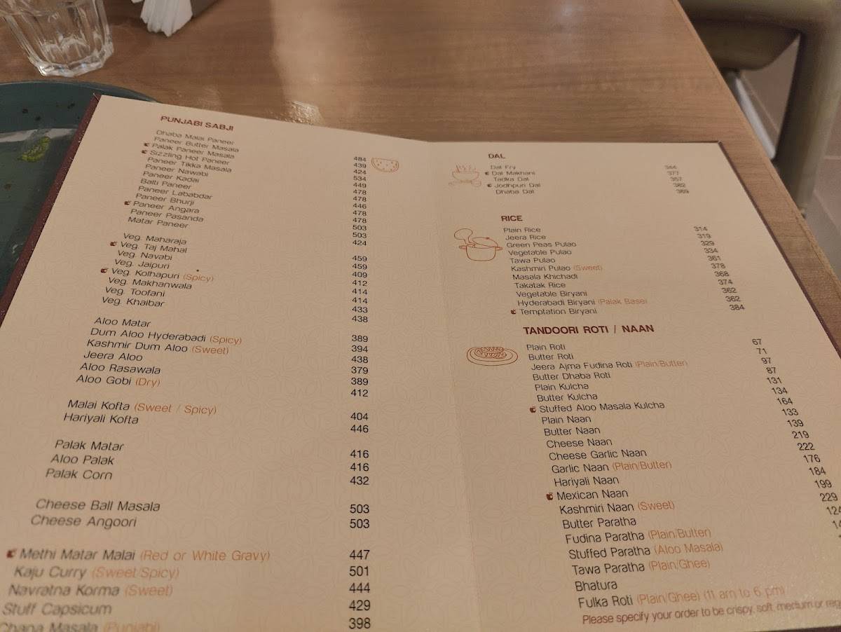Temptation Restaurant menu