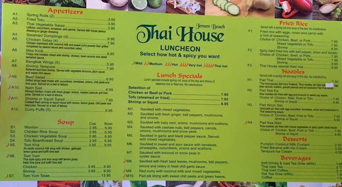 Menu at Thai House restaurant, Jensen Beach