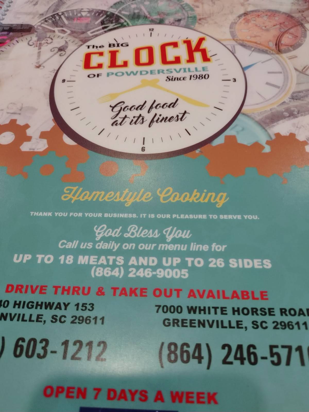 Menu at The BIG Clock of Powdersville restaurant, Greenville, SC153