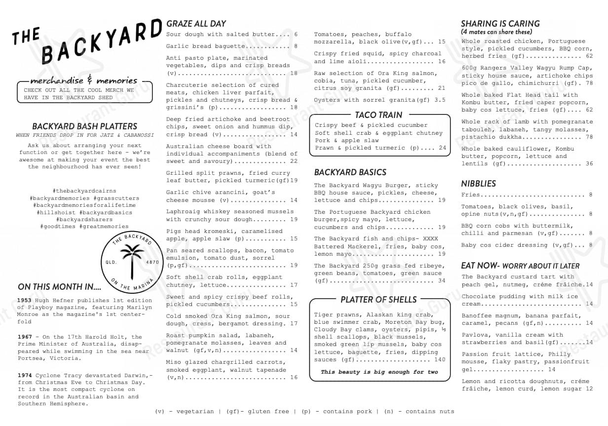 Menu at The Backyard Cairns restaurant, Cairns