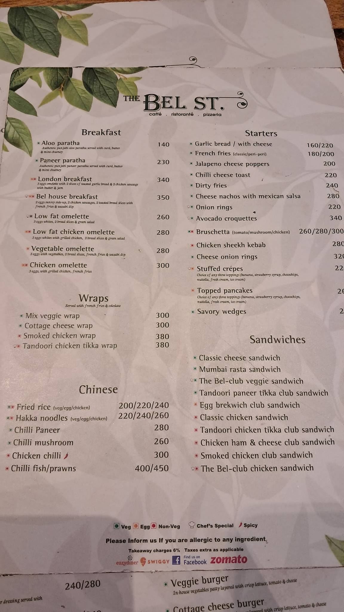 The Bel St. menu