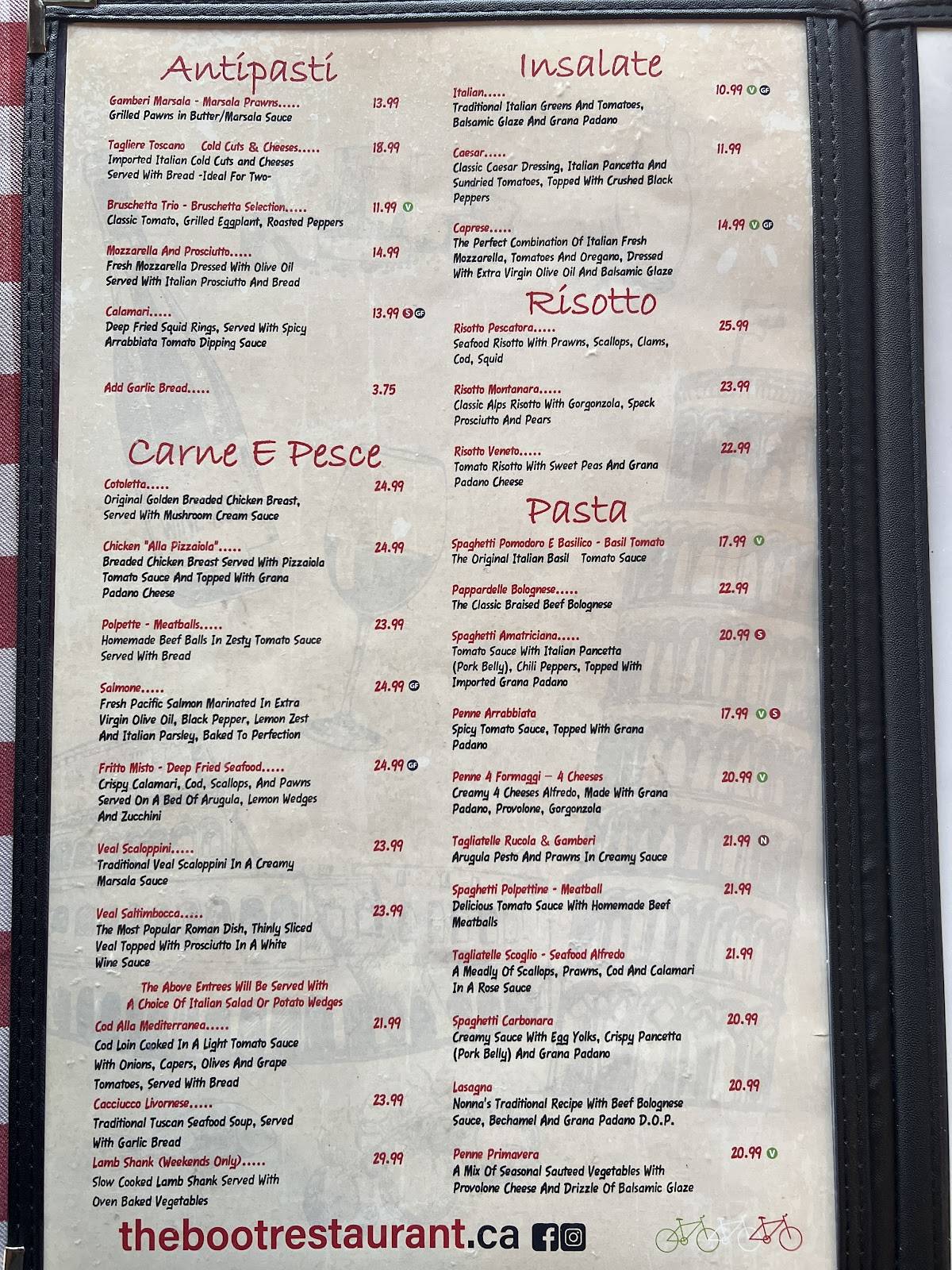 Menu de The Boot Italian Restaurant