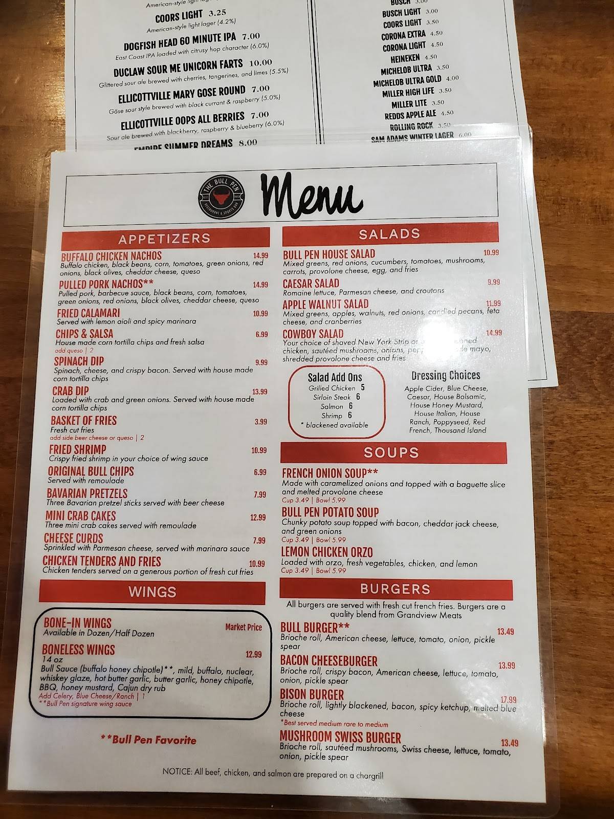 Menu at The Bull Pen Restaurant & Sports Bar, Tyrone