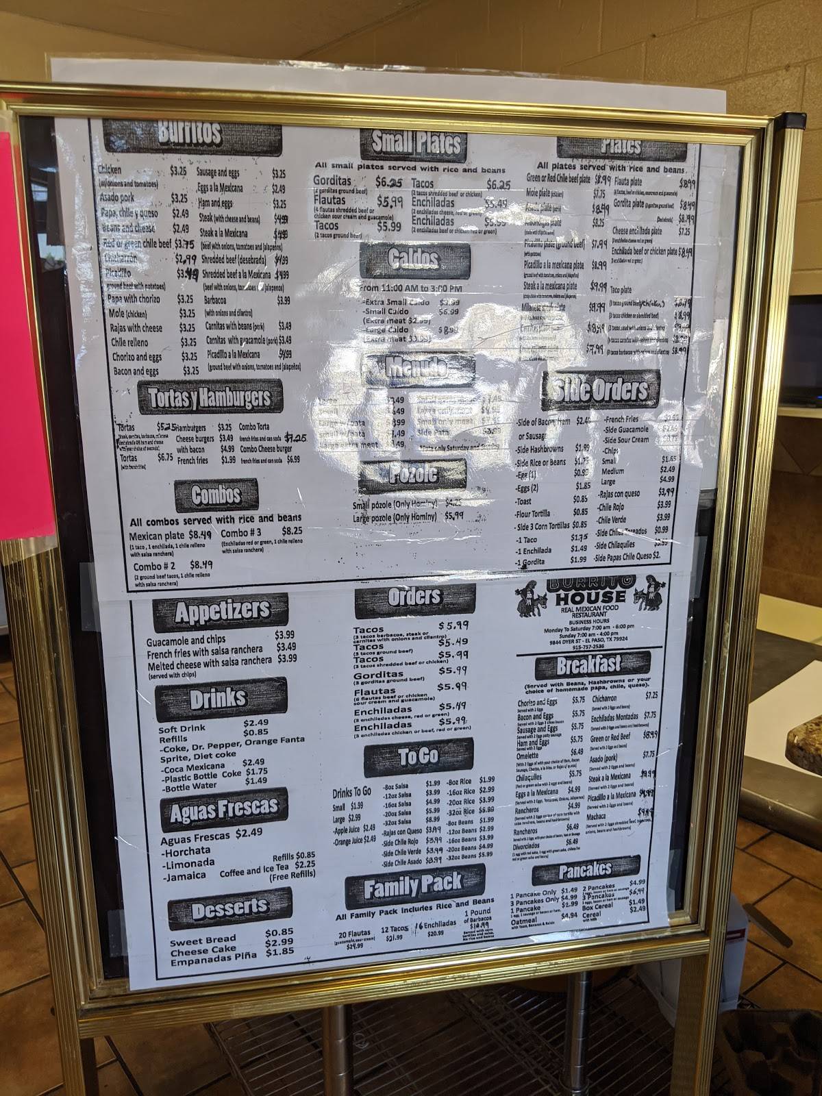 Menu at Burrito House restaurant, El Paso, Dyer St