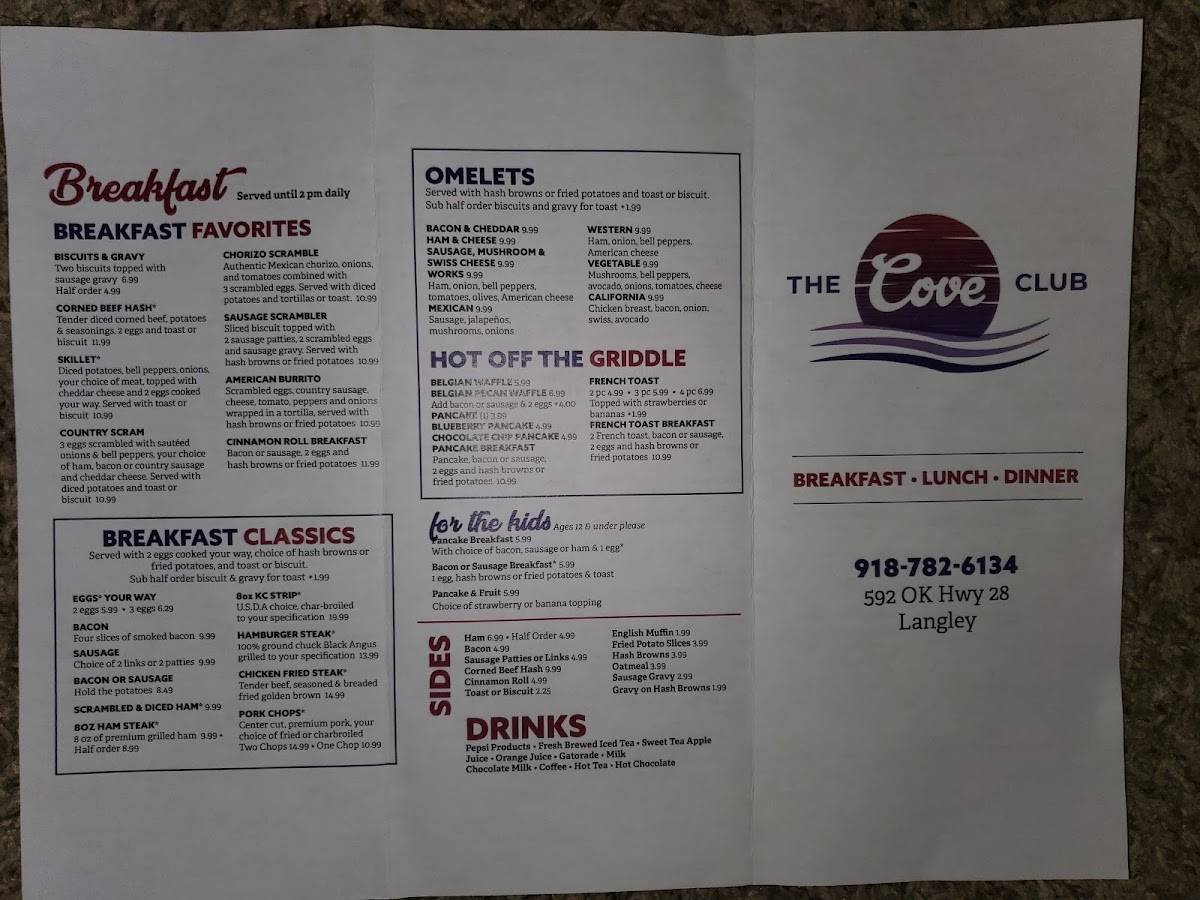 Menu at The Cove Club, Langley