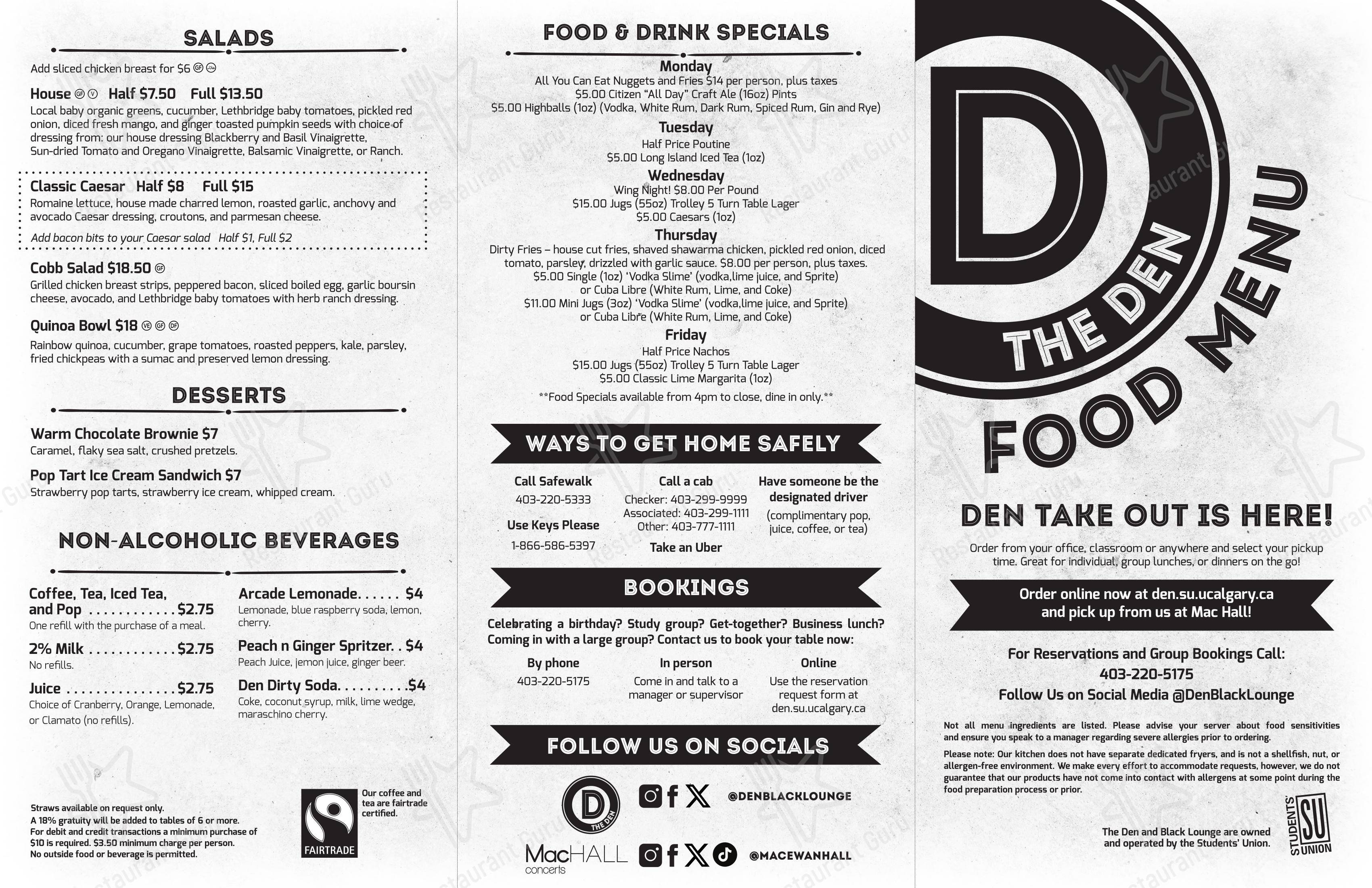 Menu pour The Den - Menu
