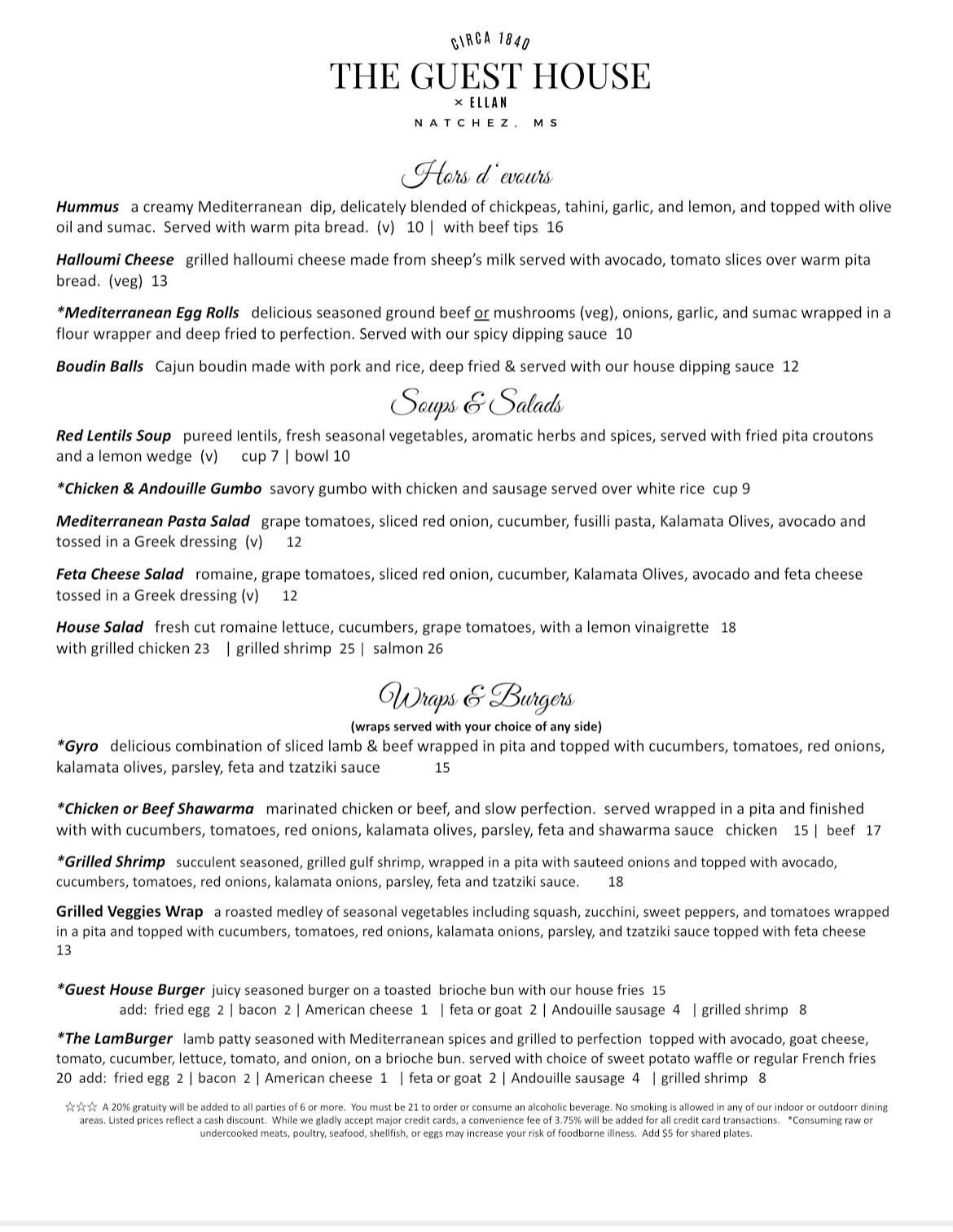 Menu at The Guest House Restaurant, Natchez