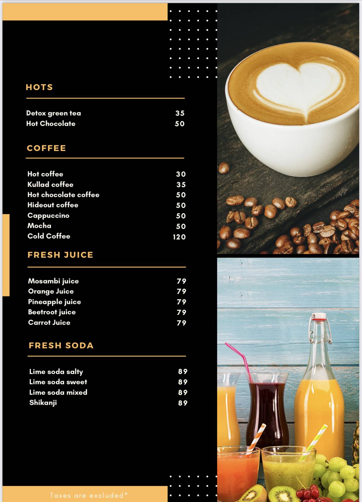 The Hideout Cafe menu