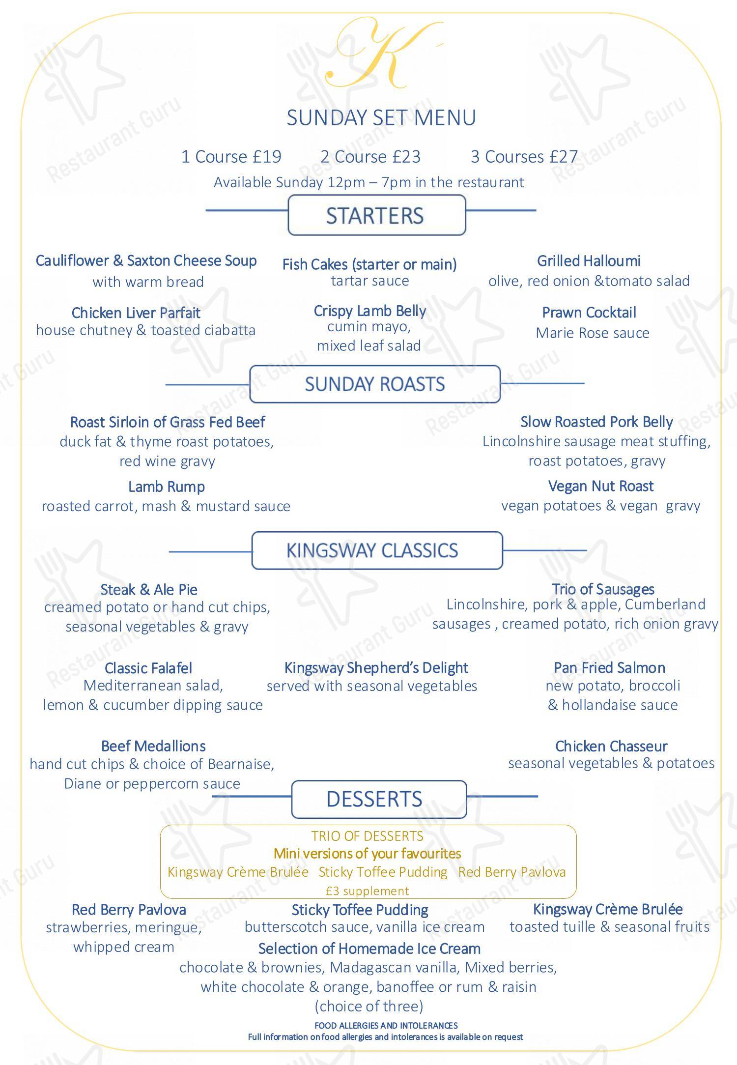 Menu at The Kingsway Hotel restaurant, Cleethorpes