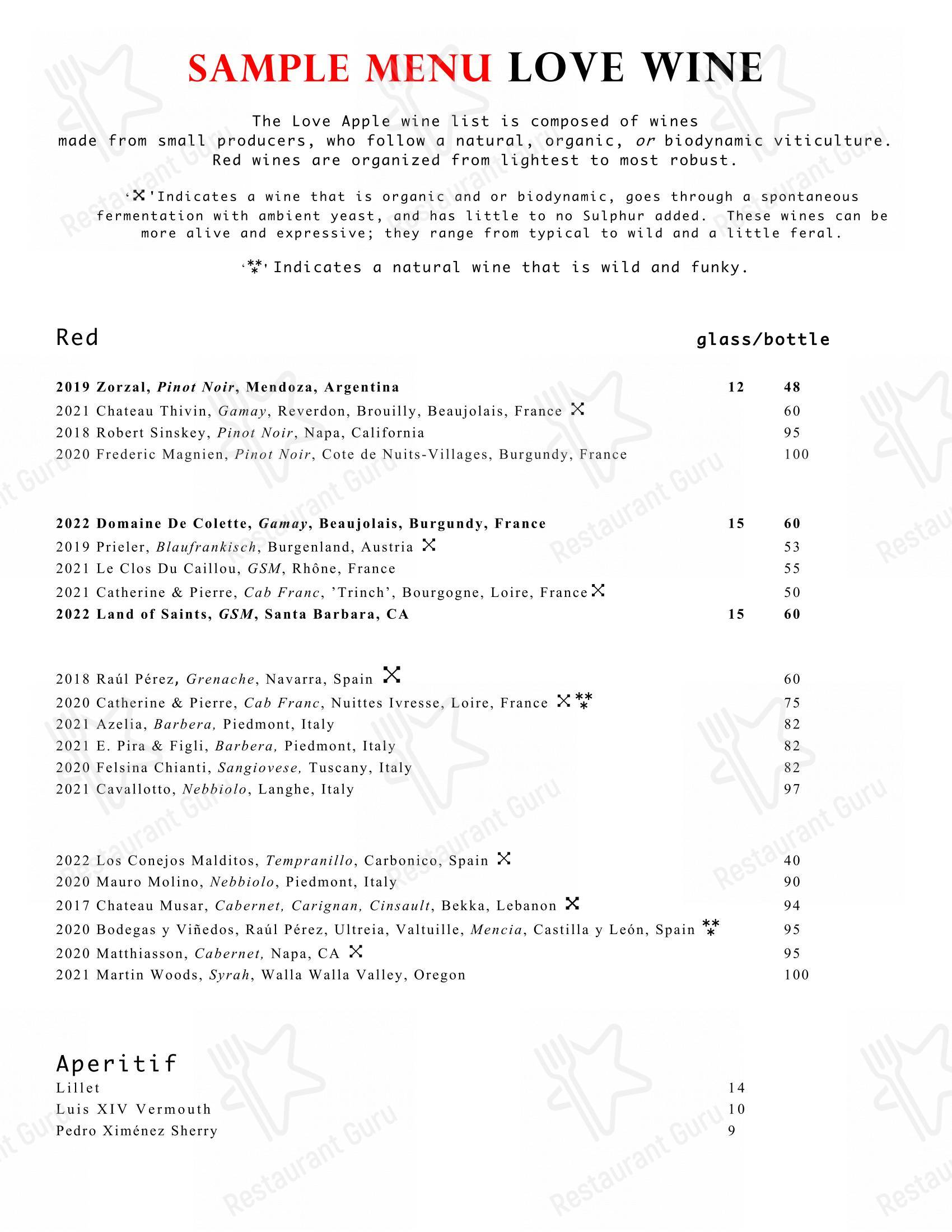 Menu at The Love Apple restaurant, Taos