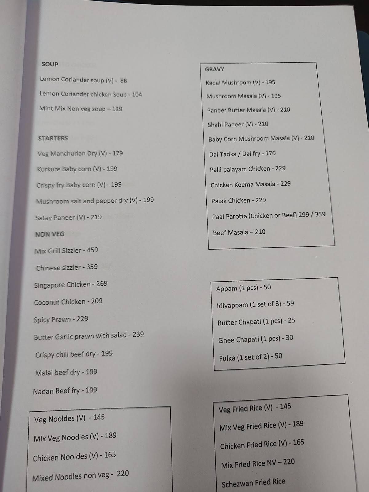The Mint Family Restaurant menu