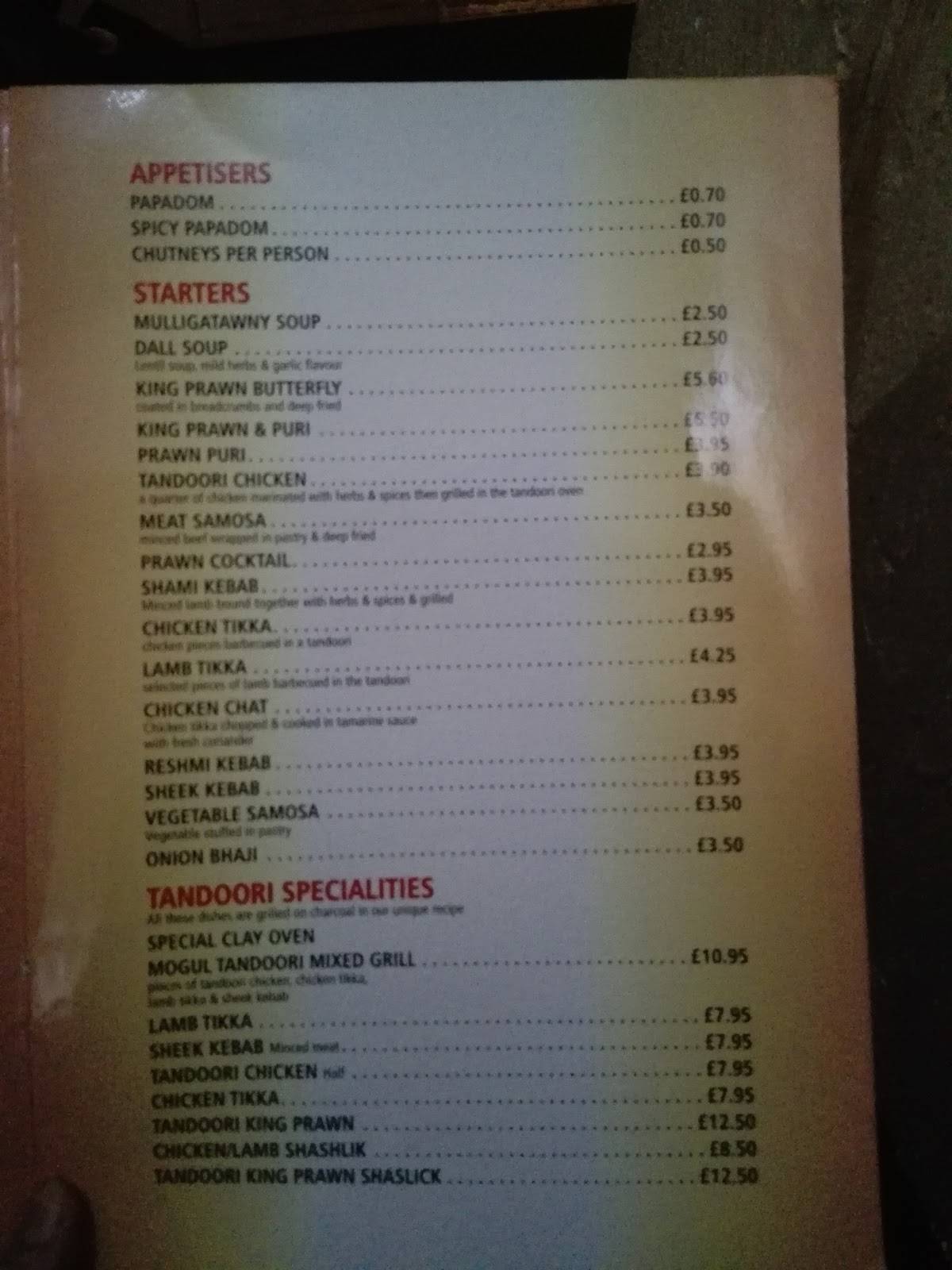 Menu at The Mogul restaurant, Saffron Walden