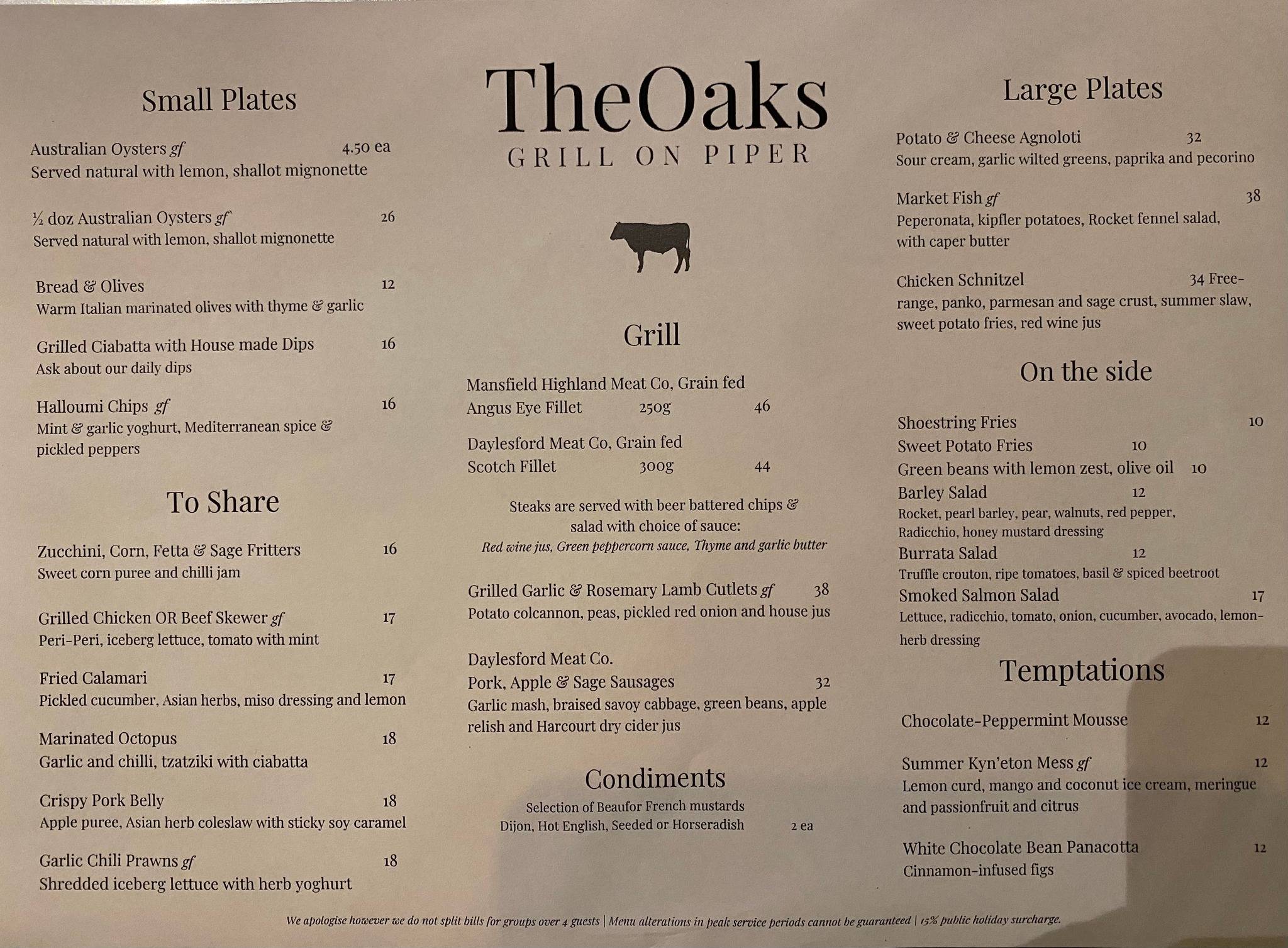 Menu at The Oaks Grill on Piper restaurant,