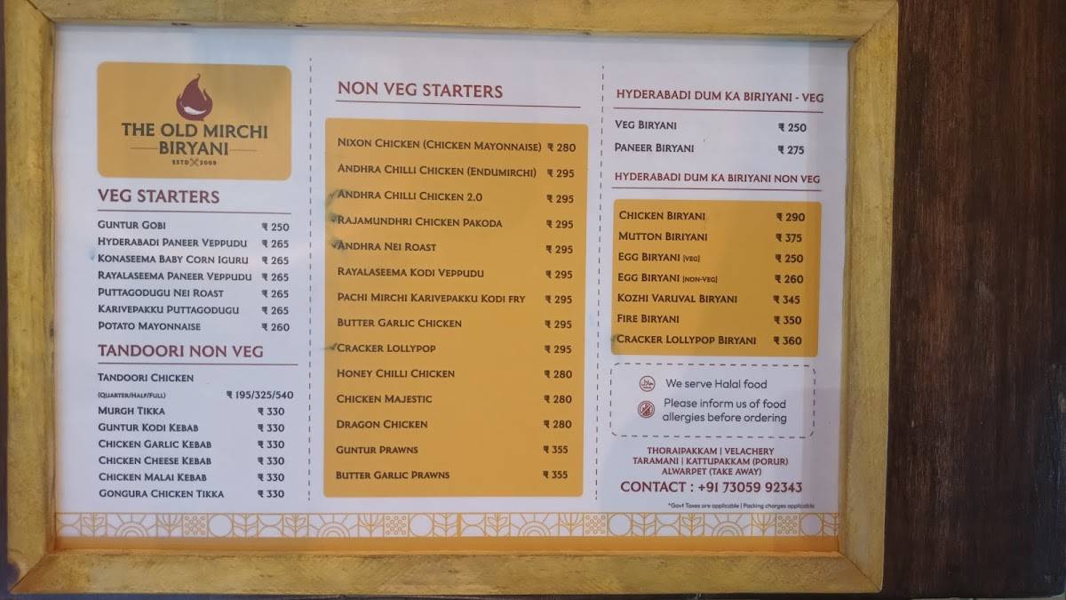 The Old Mirchi Biryani menu