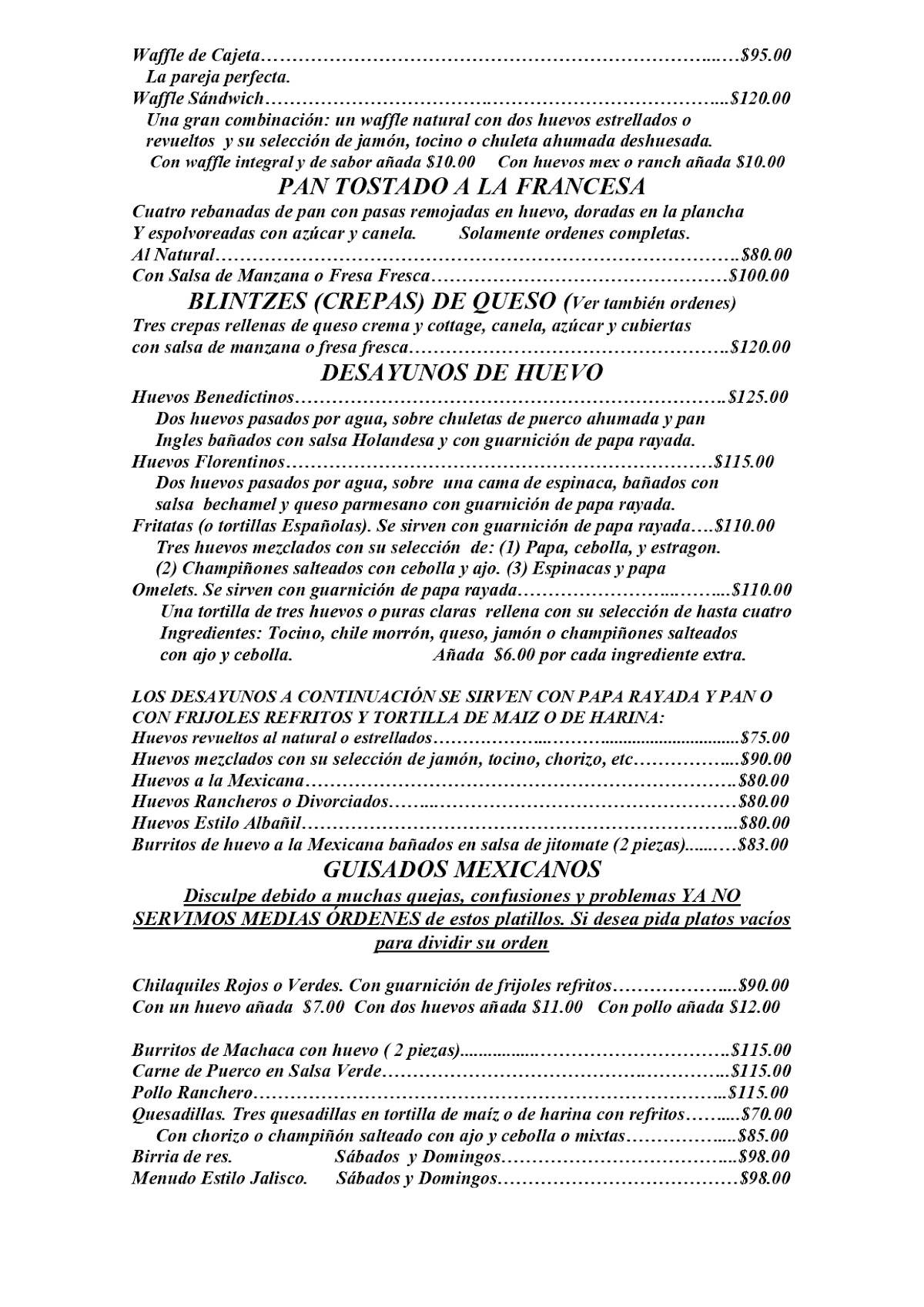 Menu at The Pancake House desserts, Puerto Vallarta, Basilio Badillo 289
