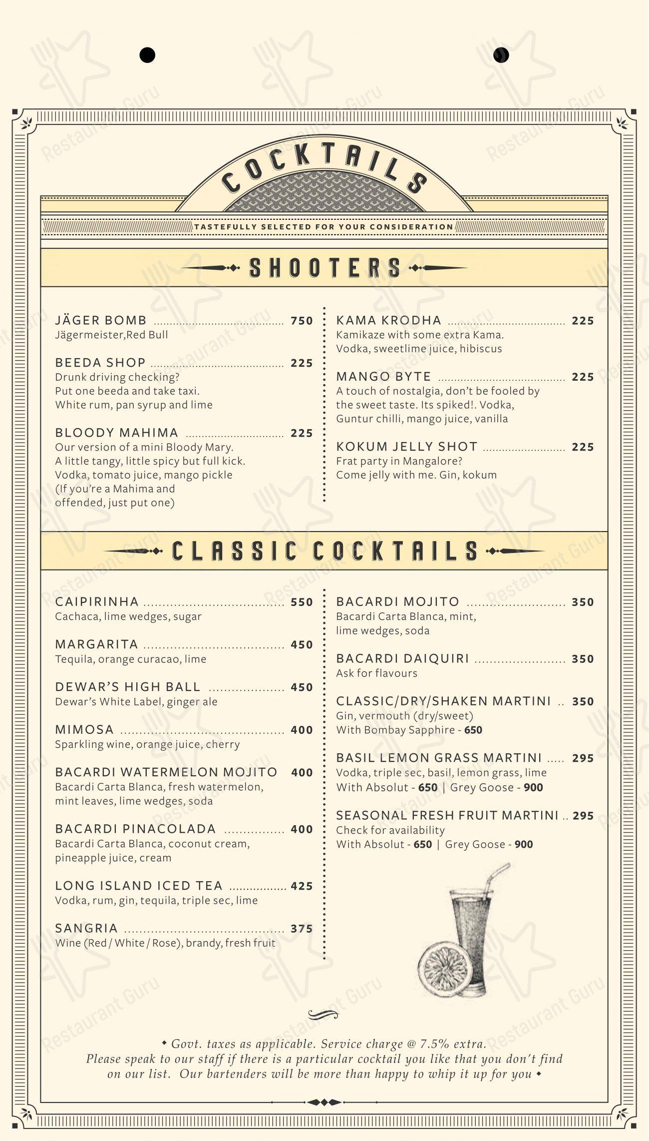 The Permit Room in Bengaluru - Menu bar