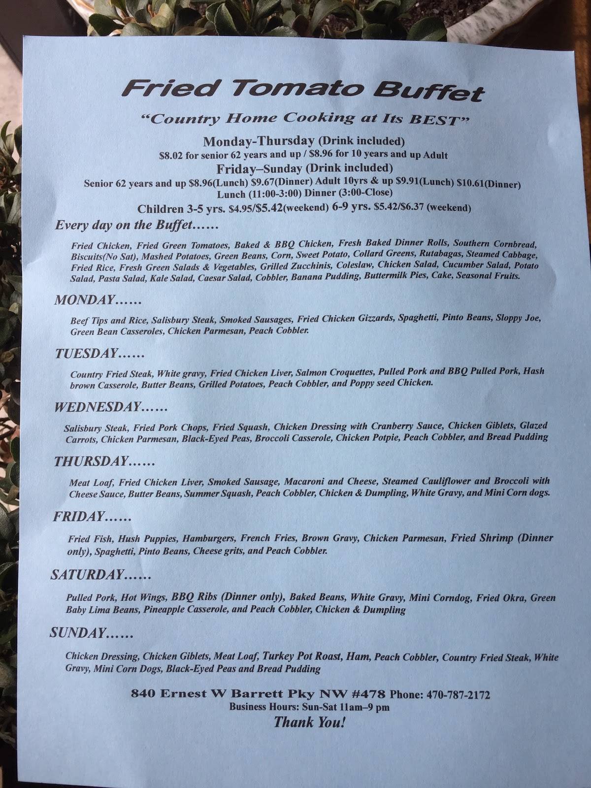 Menu at The Tomatoes Country Buffet restaurant, Kennesaw