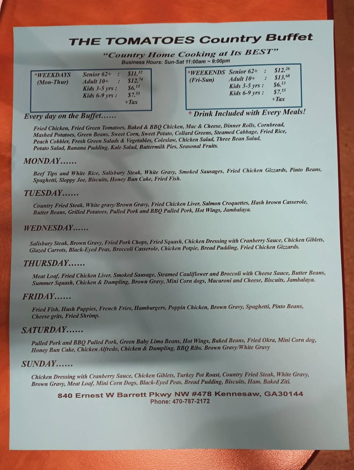 Menu at The Tomatoes Country Buffet restaurant, Kennesaw