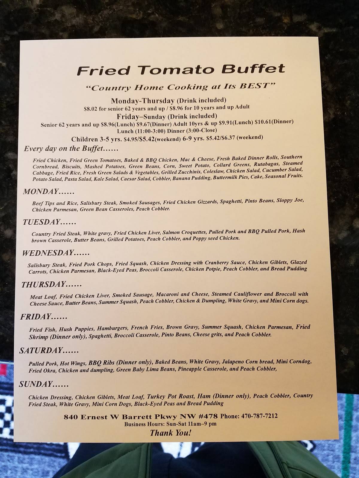 Menu at The Tomatoes Country Buffet restaurant, Kennesaw