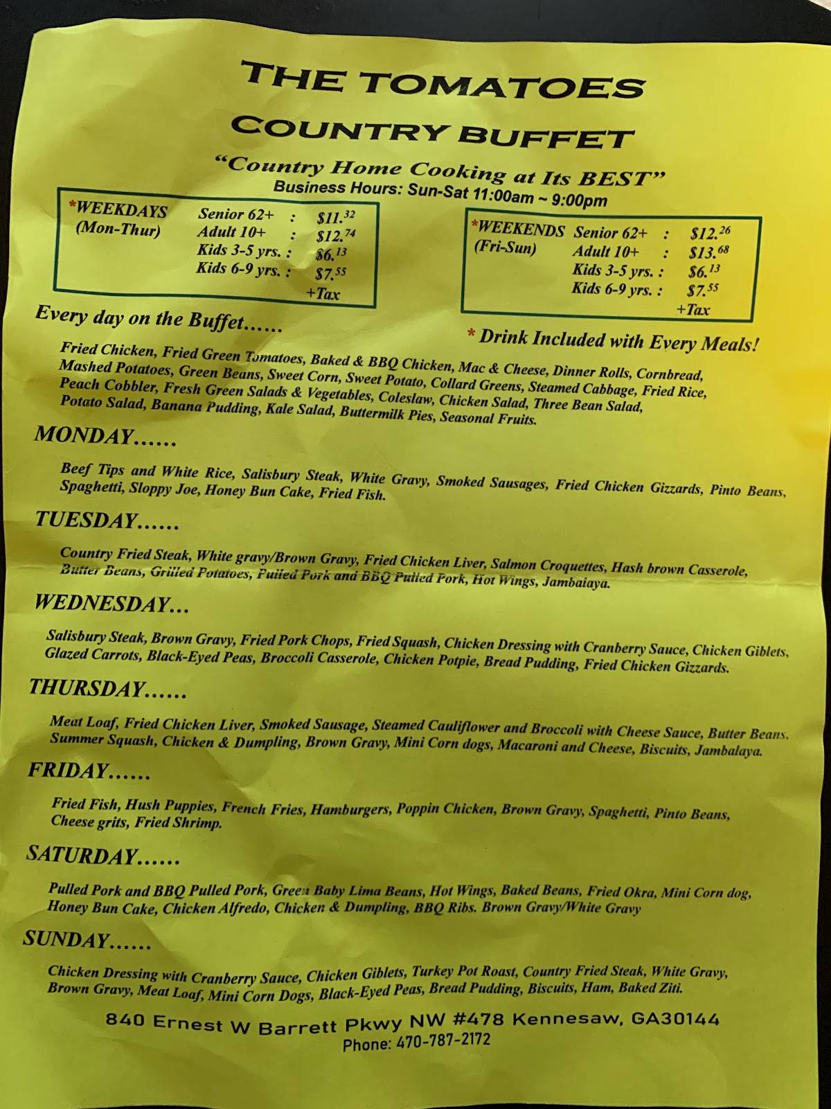 Menu at The Tomatoes Country Buffet restaurant, Kennesaw