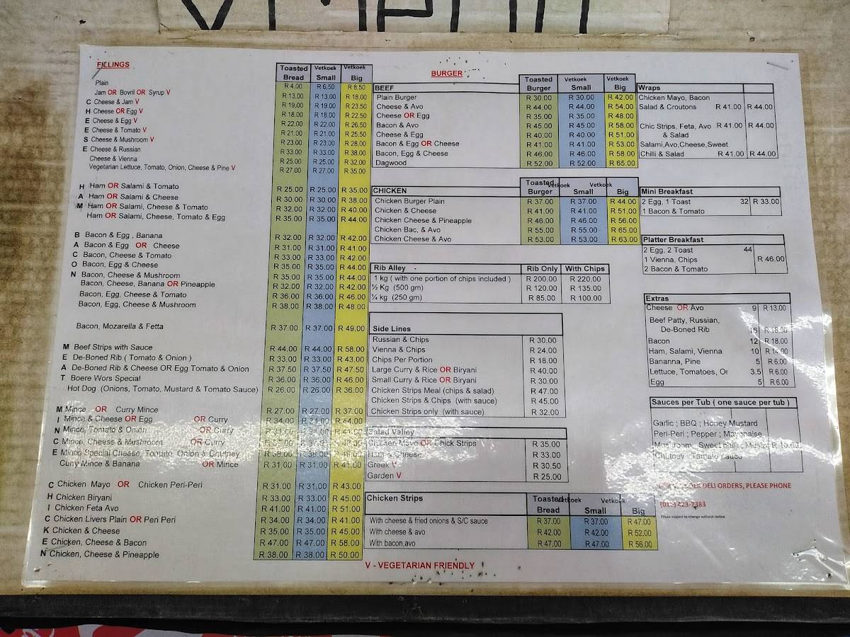 Menu at The Vetkoek Deli restaurant, Vereeniging