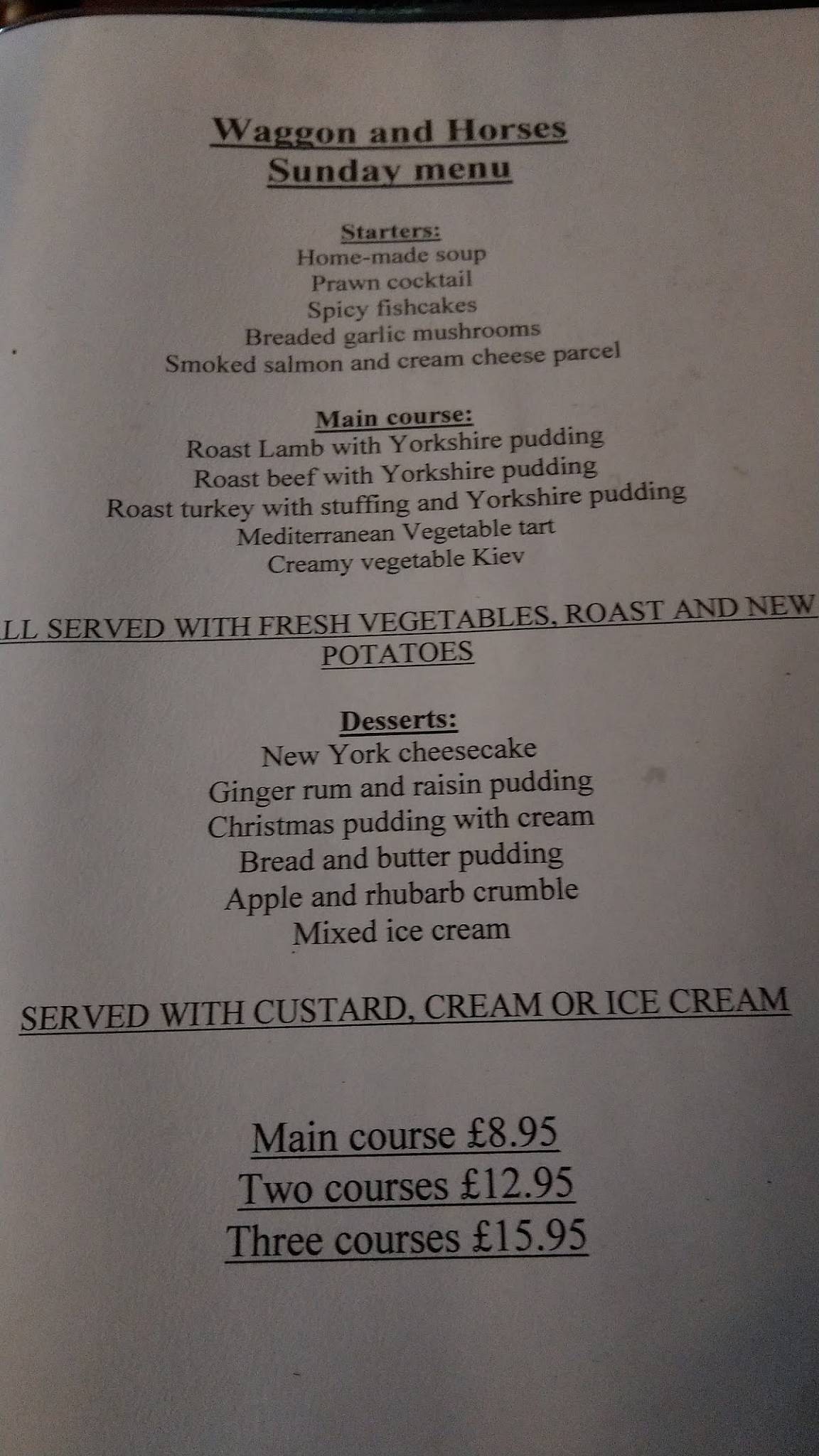 Menu at The Waggon & Horses restaurant, Castle Hedingham