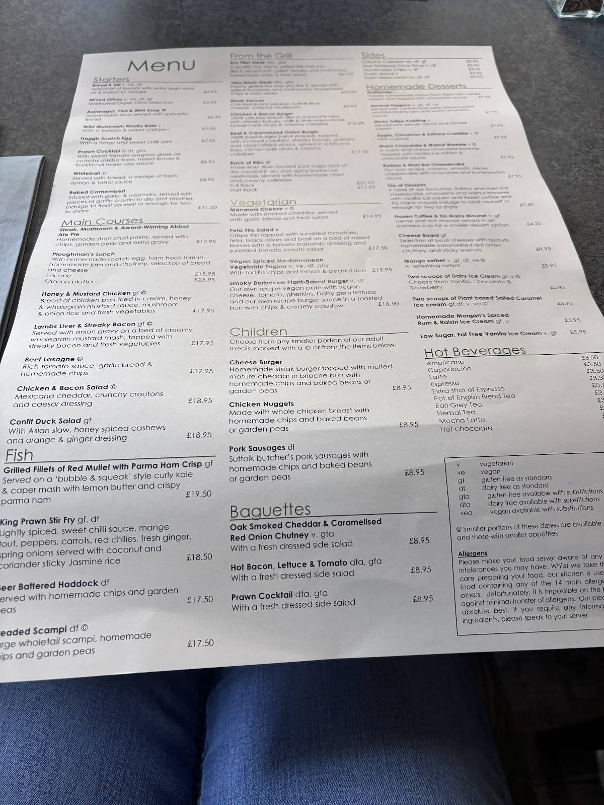 Menu at The White Horse Inn restaurant, Eye