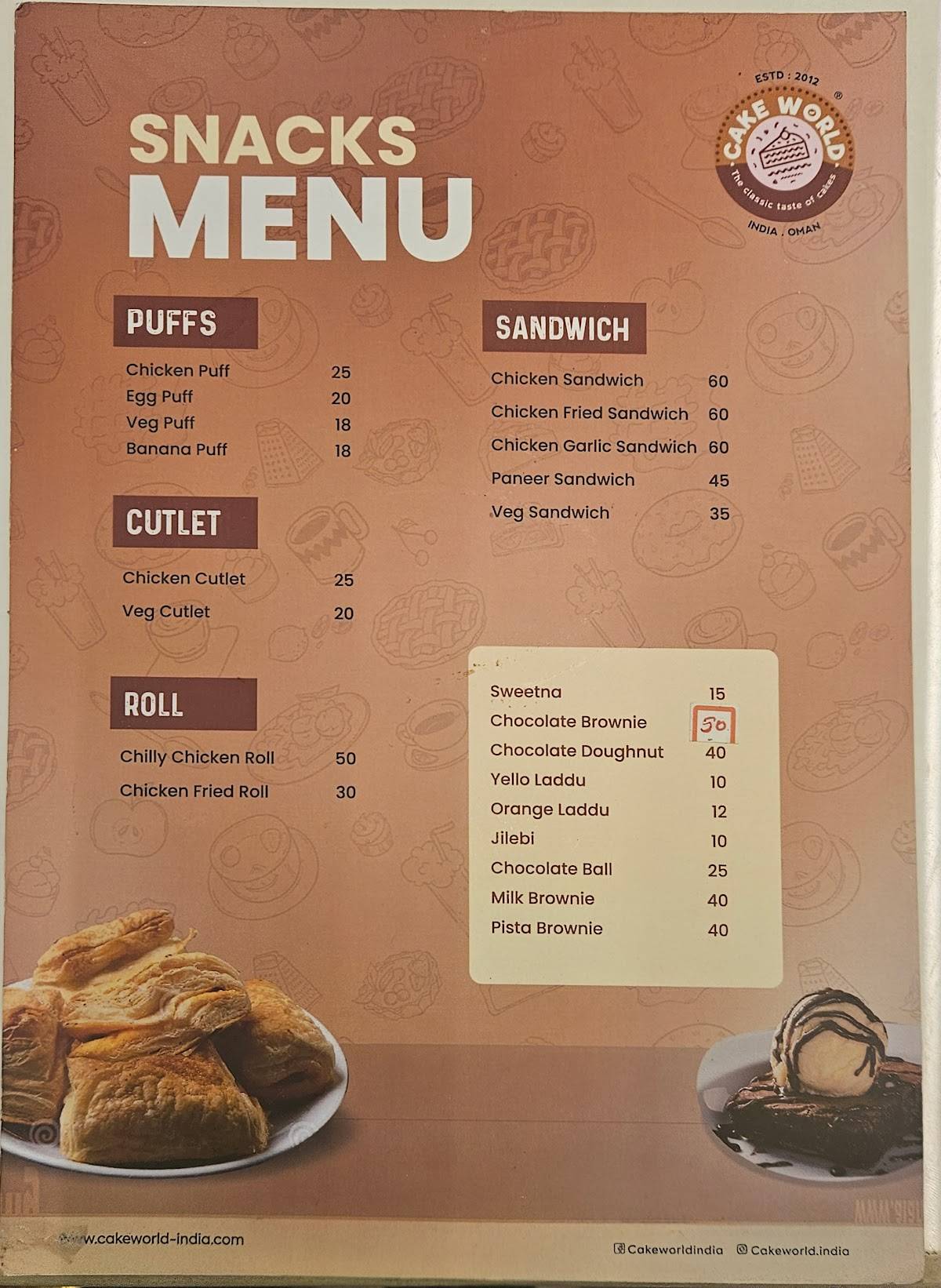 Cake World Kaniyapuram menu