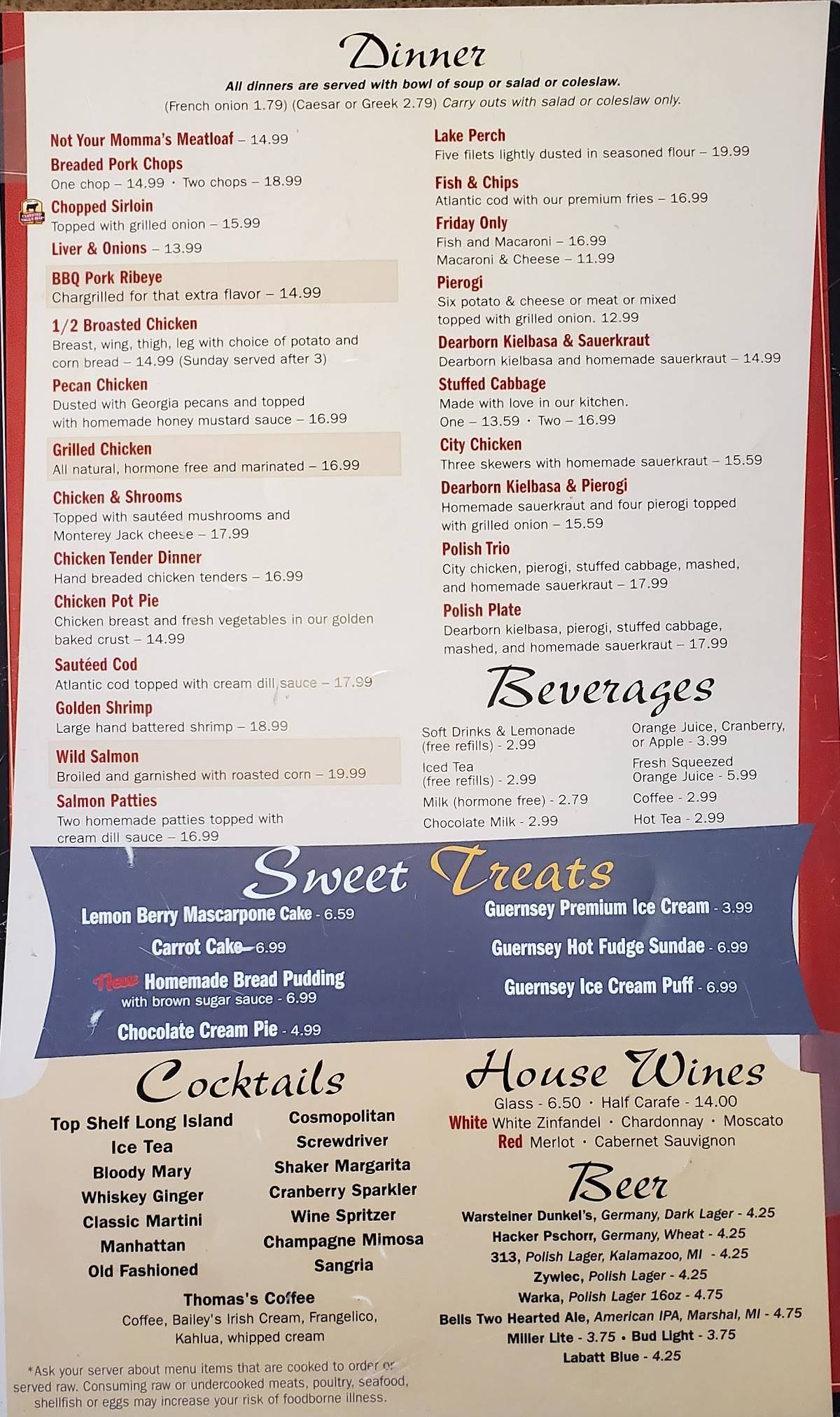 Menu at Thomas's Family Dining restaurant, Livonia