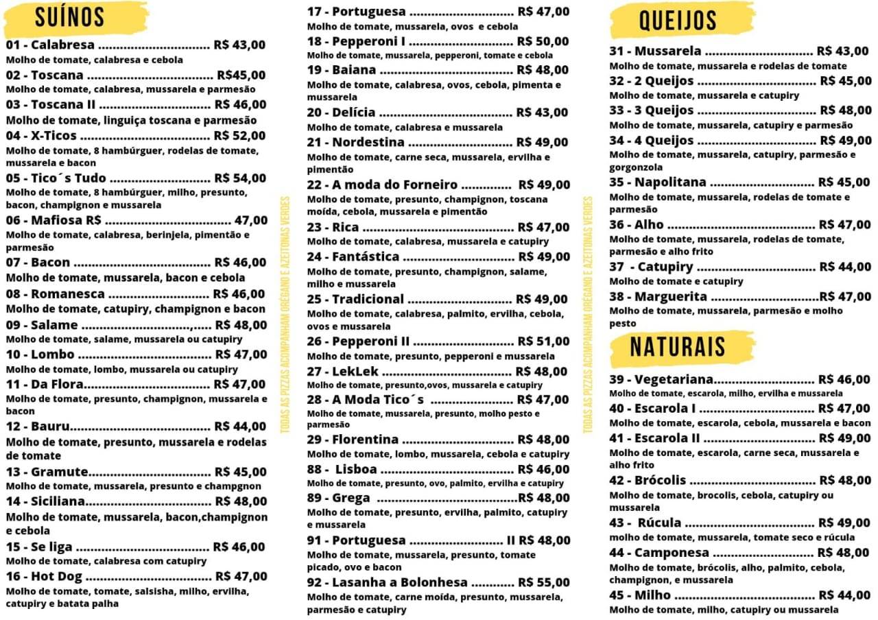 Tico's Cerejeiras cardápio