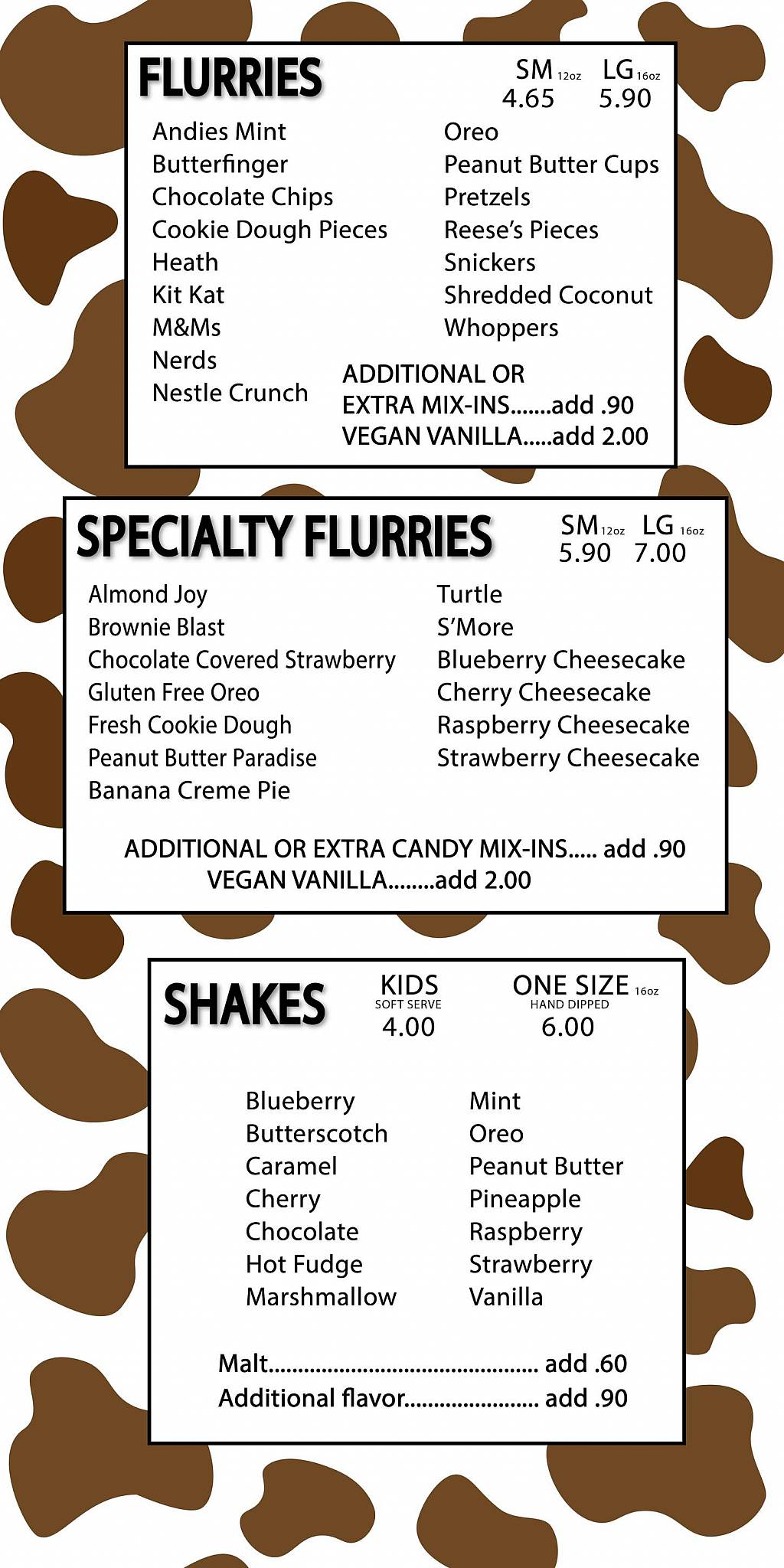 Menu at Tippy Cow Ice Cream, Grandville