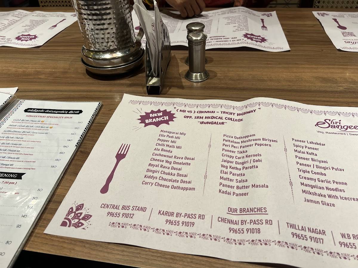 Shri Sangeethas (Thillainagar, Trichy) Veg. Restaurant Sweets Savouries menu