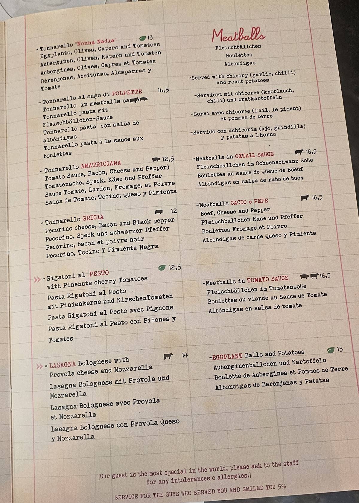 Menu di Tonnarello 