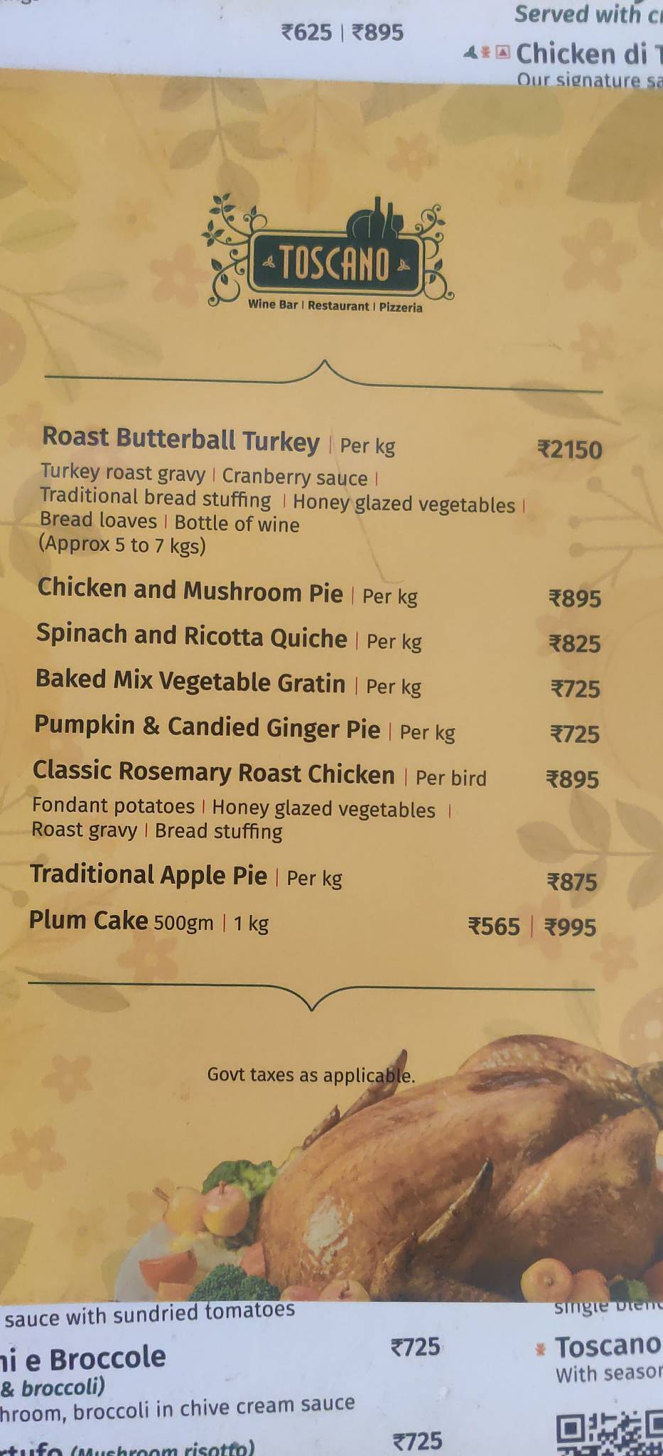 Toscano menu