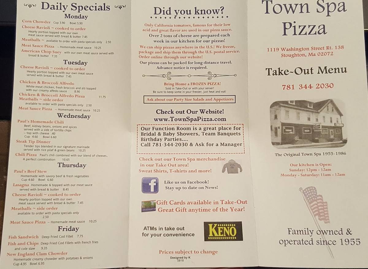 Menu at Town Spa Pizza pub & bar, Stoughton