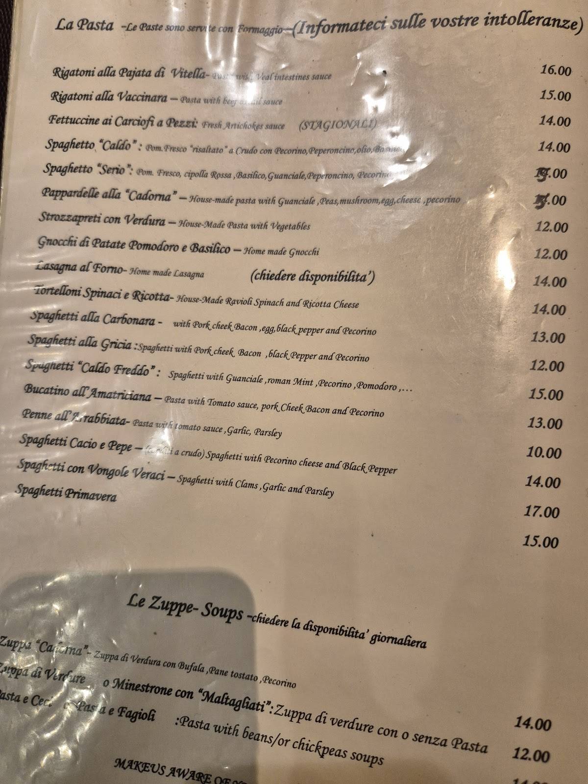 Menu di Trattoria cadorna dal 1947 