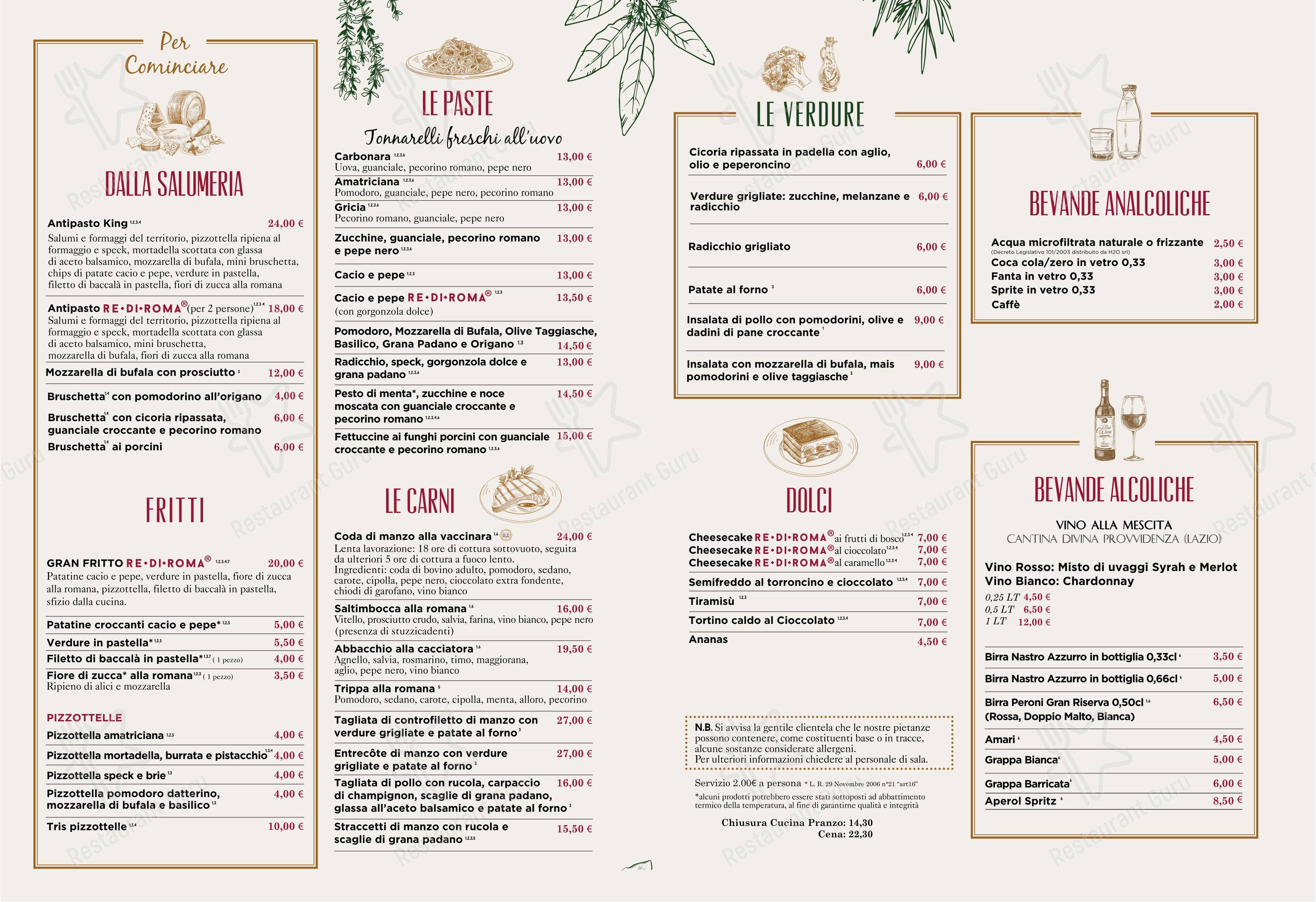 Menu pour Trattoria Re di Roma dans Rome